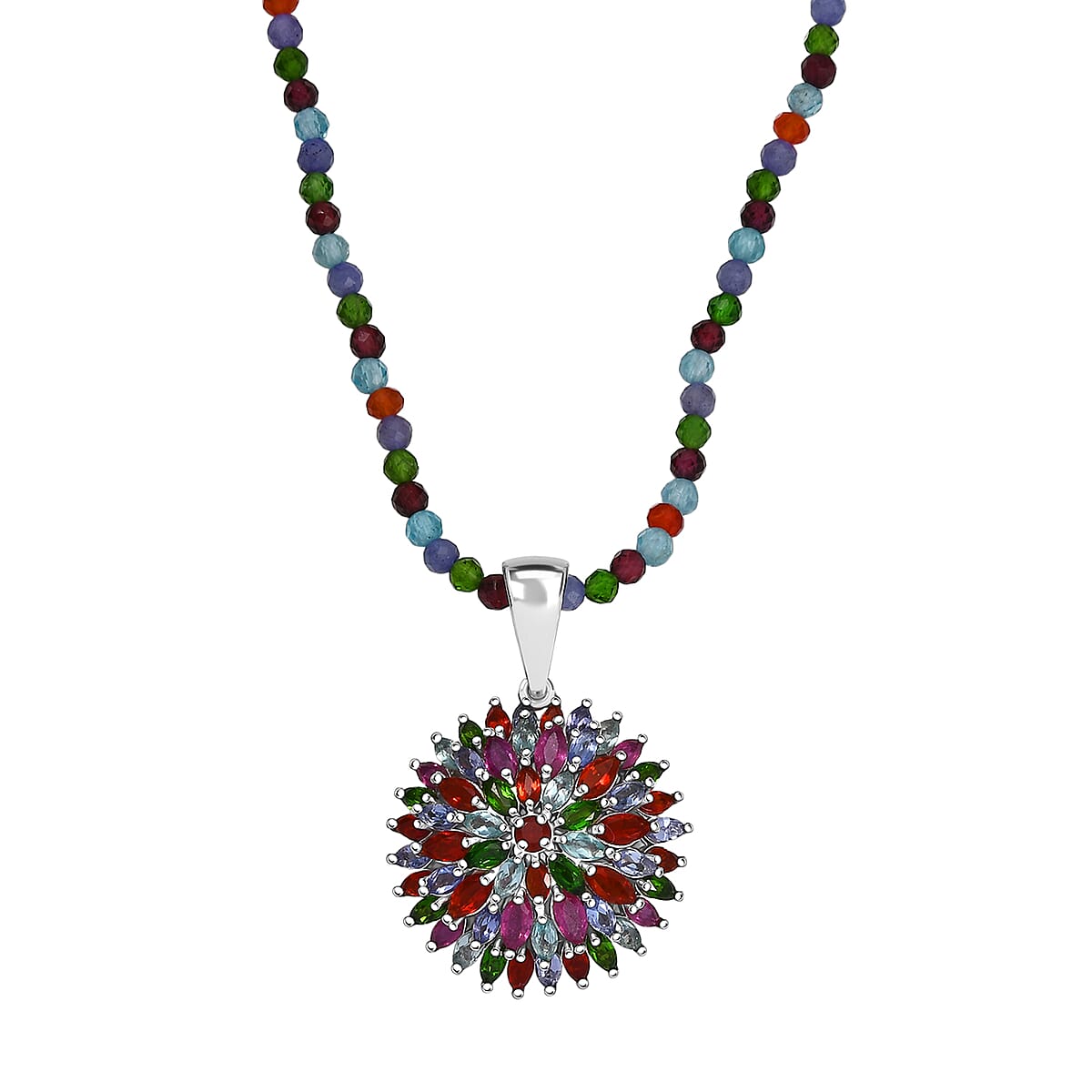 D'Joy Multi Gemstone 22.50 ctw Chrysanthemum Flower Pendant with Beaded Necklace in Rhodium Over Sterling Silver 20 Inches image number 0