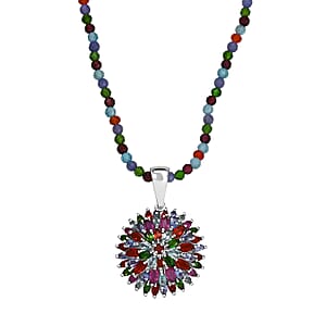 D'Joy Multi Gemstone 22.50 ctw Chrysanthemum Flower Pendant with Beaded Necklace in Rhodium Over Sterling Silver 20 Inches