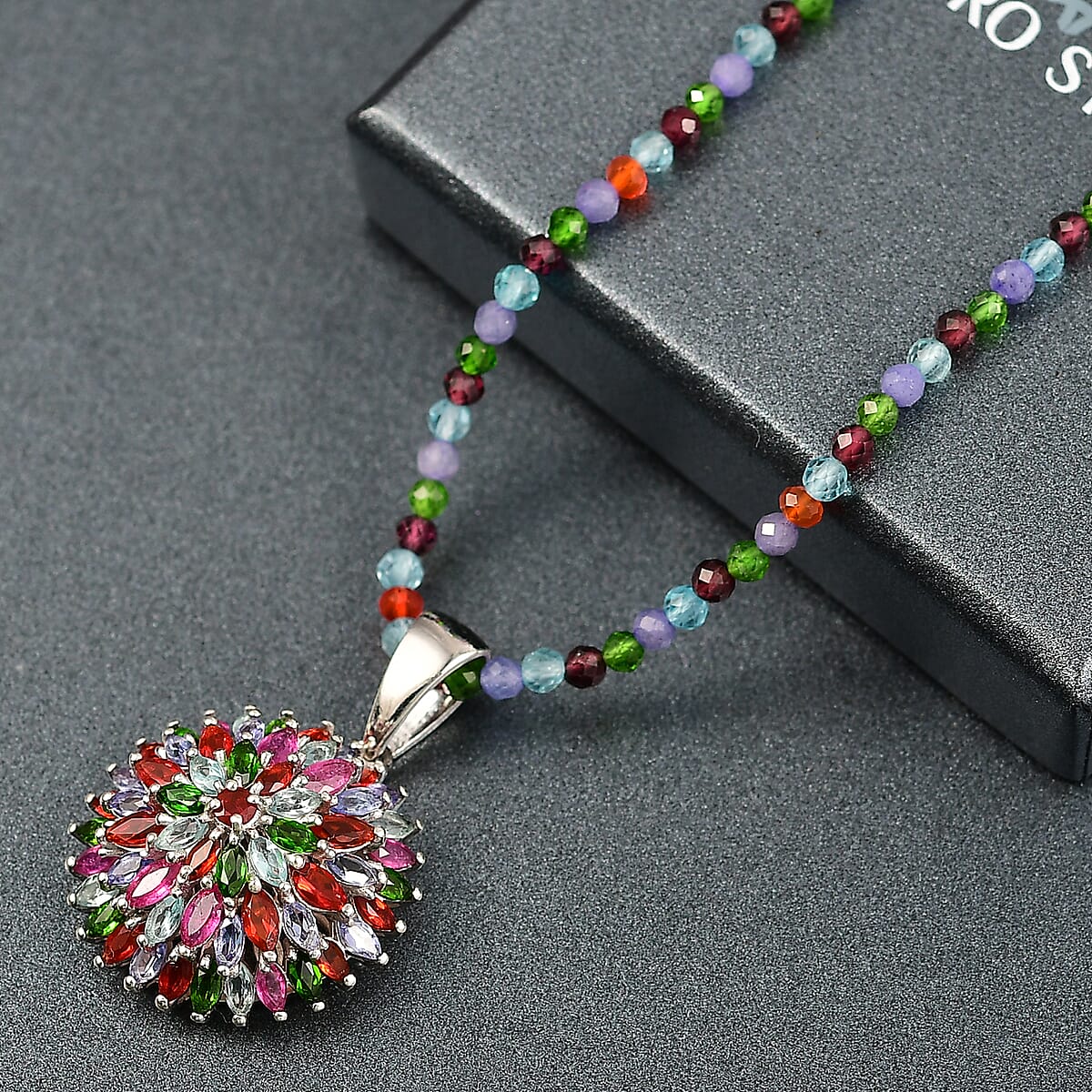 D'Joy Multi Gemstone 22.50 ctw Chrysanthemum Flower Pendant with Beaded Necklace in Rhodium Over Sterling Silver 20 Inches image number 1