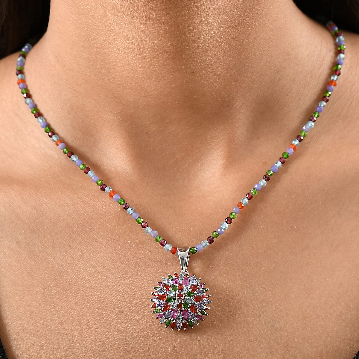 D'Joy Multi Gemstone 22.50 ctw Chrysanthemum Flower Pendant with Beaded Necklace in Rhodium Over Sterling Silver 20 Inches image number 2