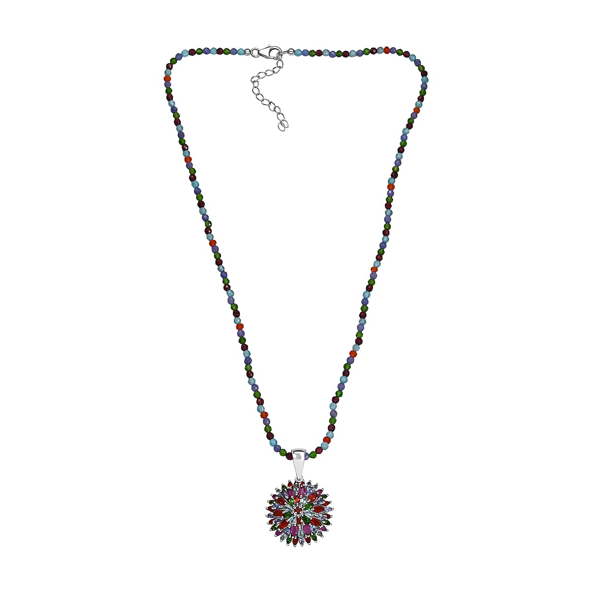 D'Joy Multi Gemstone 22.50 ctw Chrysanthemum Flower Pendant with Beaded Necklace in Rhodium Over Sterling Silver 20 Inches image number 3