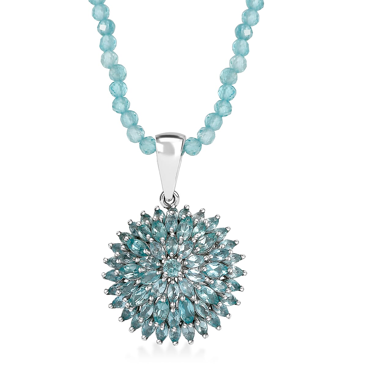 D'Joy Lagoon Apatite 25.85 ctw Chrysanthemum Flower Pendant with Beaded Necklace (20 Inches) in Rhodium Over Sterling Silver image number 0