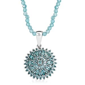 D'Joy Lagoon Apatite 25.85 ctw Chrysanthemum Flower Pendant with Beaded Necklace (20 Inches) in Rhodium Over Sterling Silver