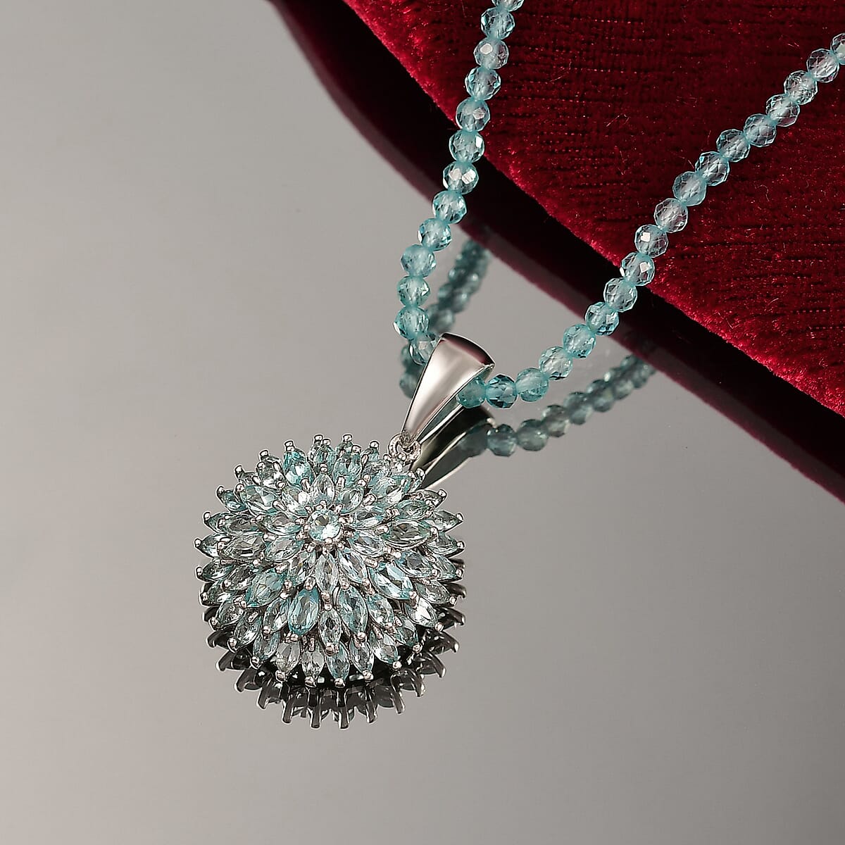 D'Joy Lagoon Apatite 25.85 ctw Chrysanthemum Flower Pendant with Beaded Necklace (20 Inches) in Rhodium Over Sterling Silver image number 1