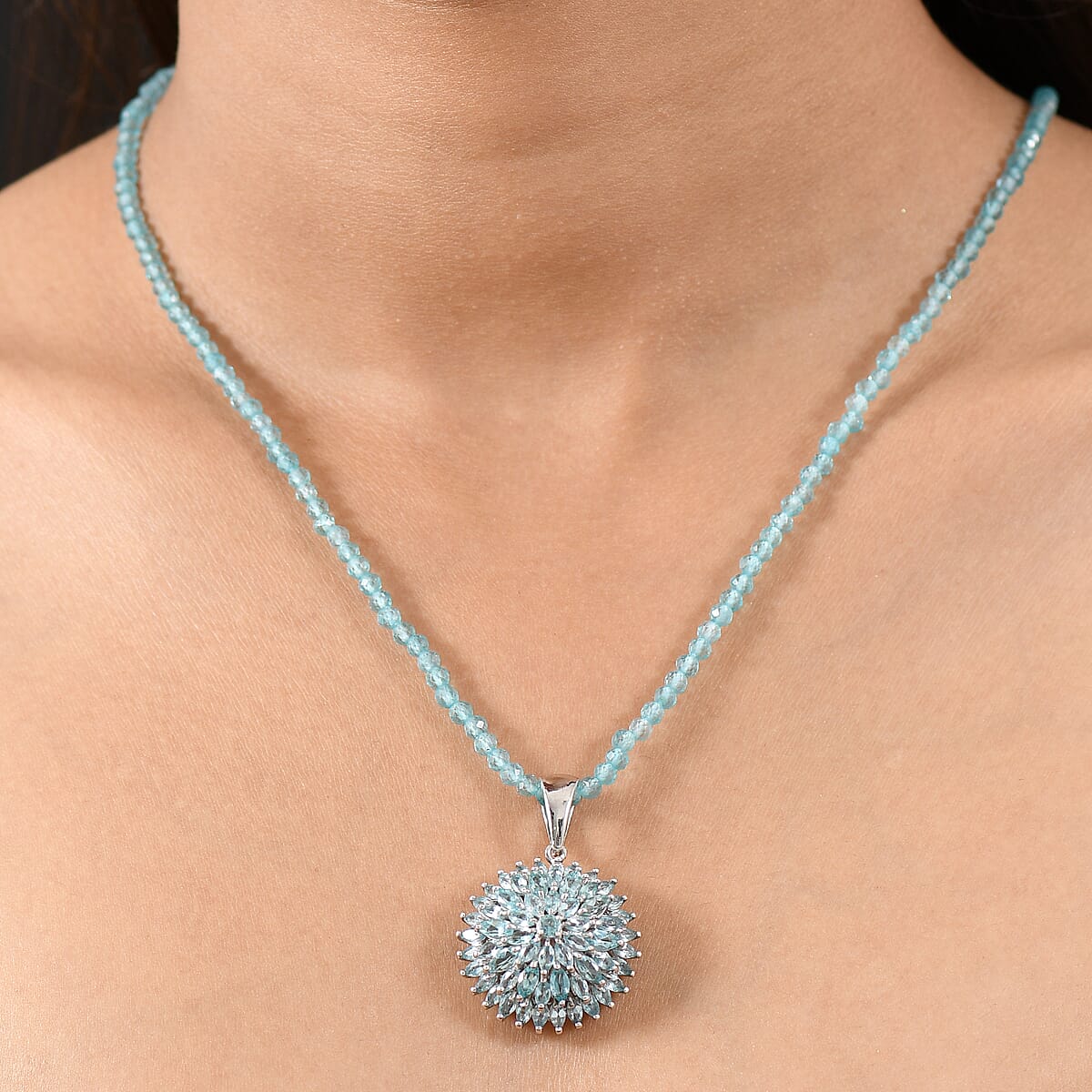 D'Joy Lagoon Apatite 25.85 ctw Chrysanthemum Flower Pendant with Beaded Necklace (20 Inches) in Rhodium Over Sterling Silver image number 2