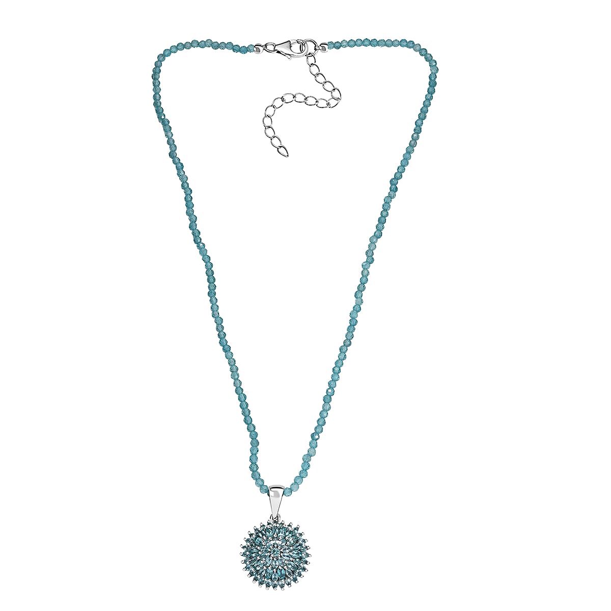 D'Joy Lagoon Apatite 25.85 ctw Chrysanthemum Flower Pendant with Beaded Necklace (20 Inches) in Rhodium Over Sterling Silver image number 3