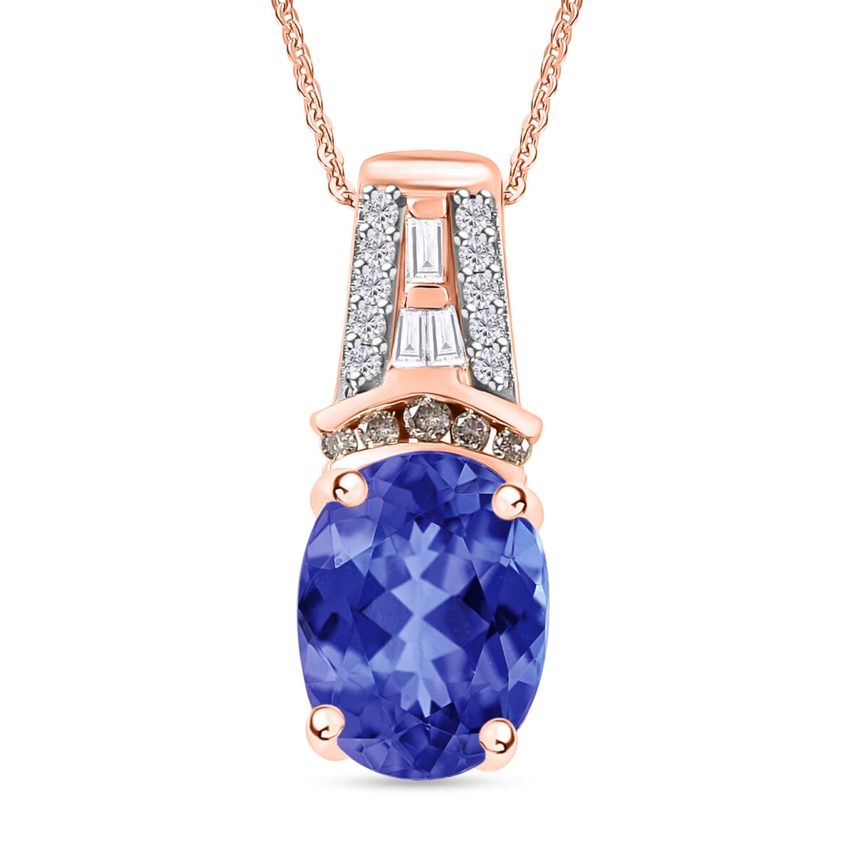 Luxoro AAA Tanzanite, Natural Champagne and White Diamond I2 2.10 ctw Pendant Necklace in 14K Rose Gold 20 Inches image number 0