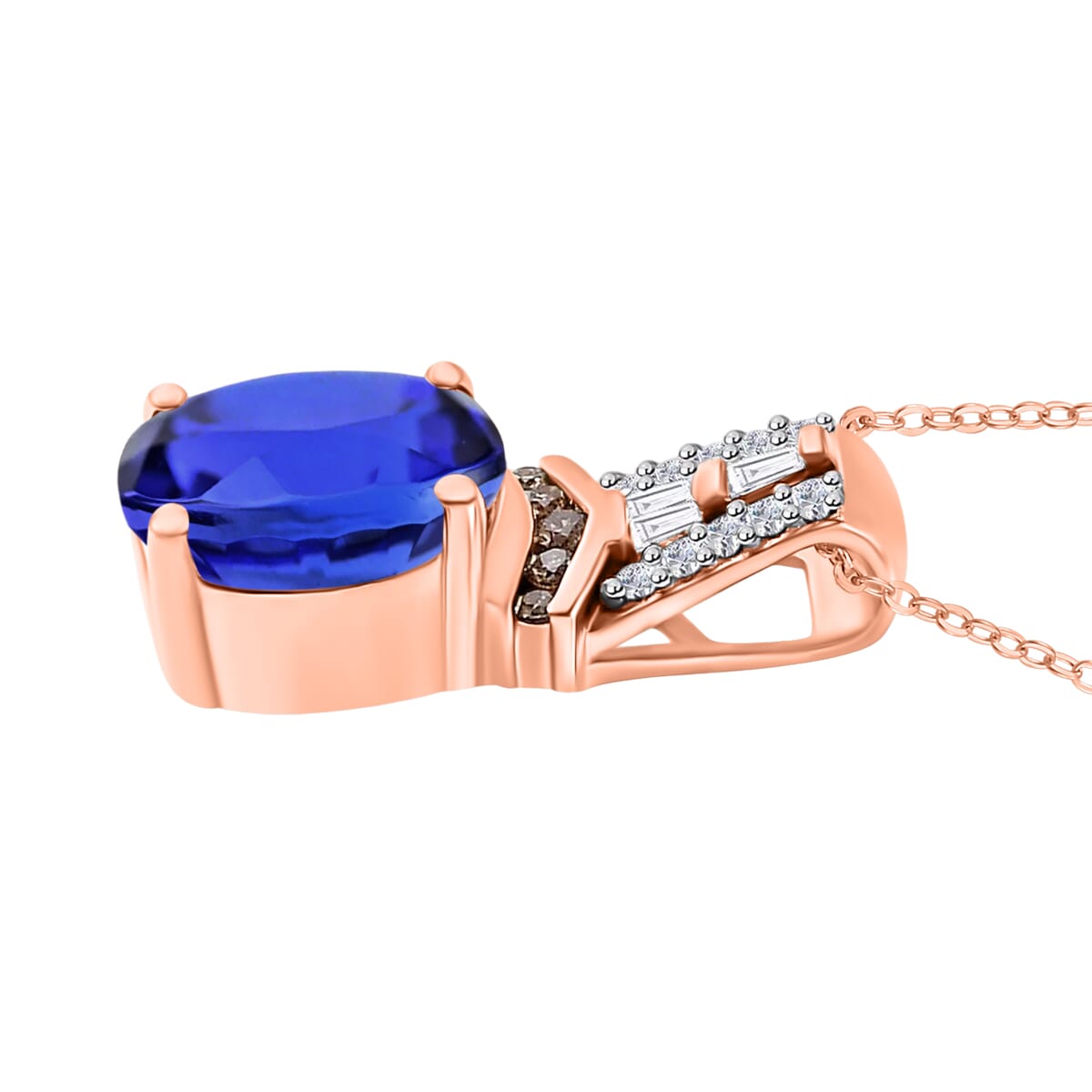Luxoro AAA Tanzanite, Natural Champagne and White Diamond I2 2.10 ctw Pendant Necklace in 14K Rose Gold 20 Inches image number 2
