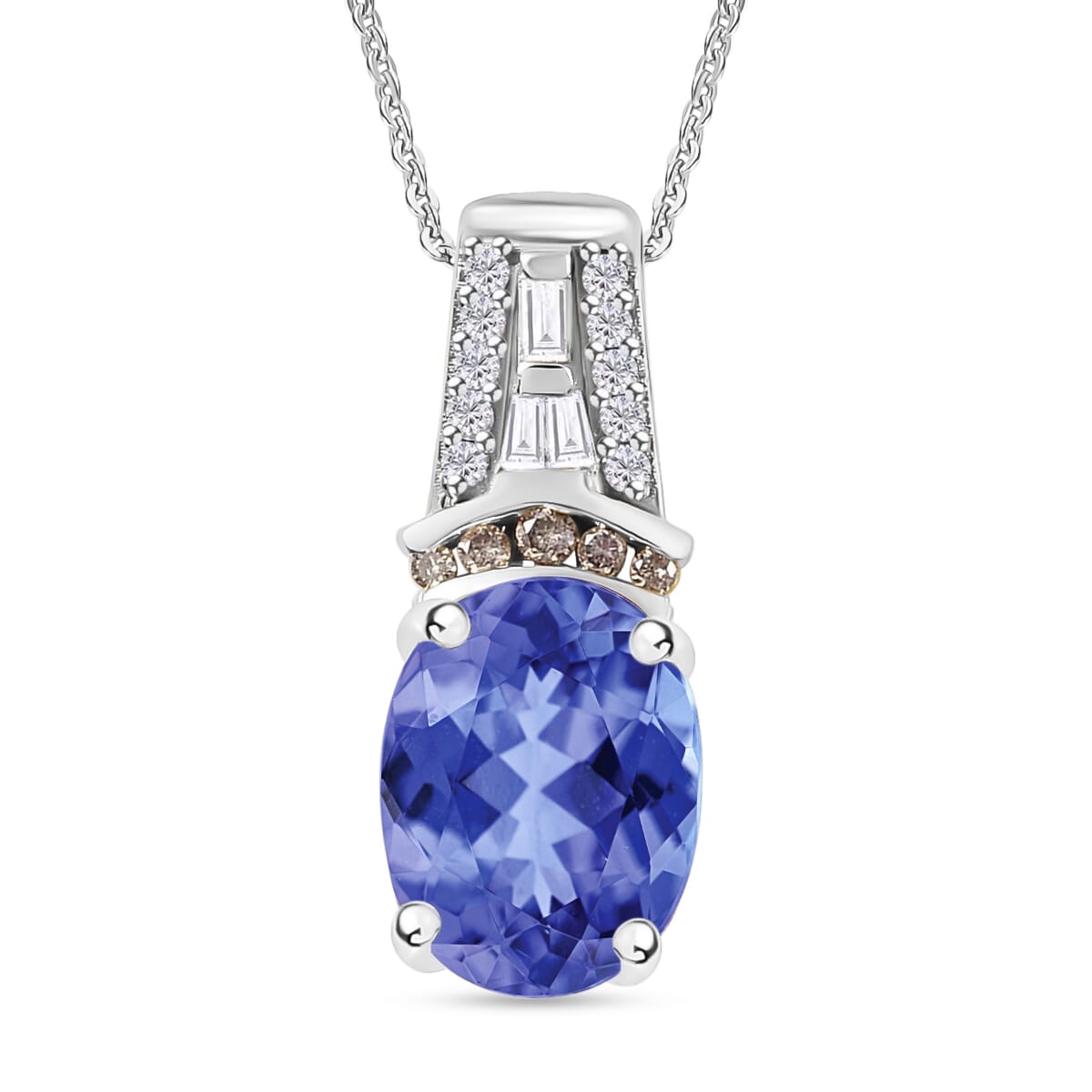 Luxoro AAA Tanzanite, Natural Champagne and White Diamond I2 2.10 ctw Pendant Necklace in 10K White Gold 20 Inches image number 0