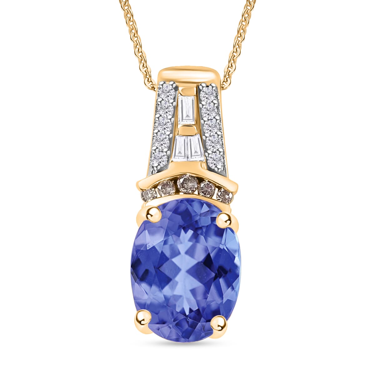 Luxoro AAA Tanzanite, Natural Champagne and White Diamond I2 2.10 ctw Pendant Necklace in 10K Yellow Gold 20 Inches image number 0