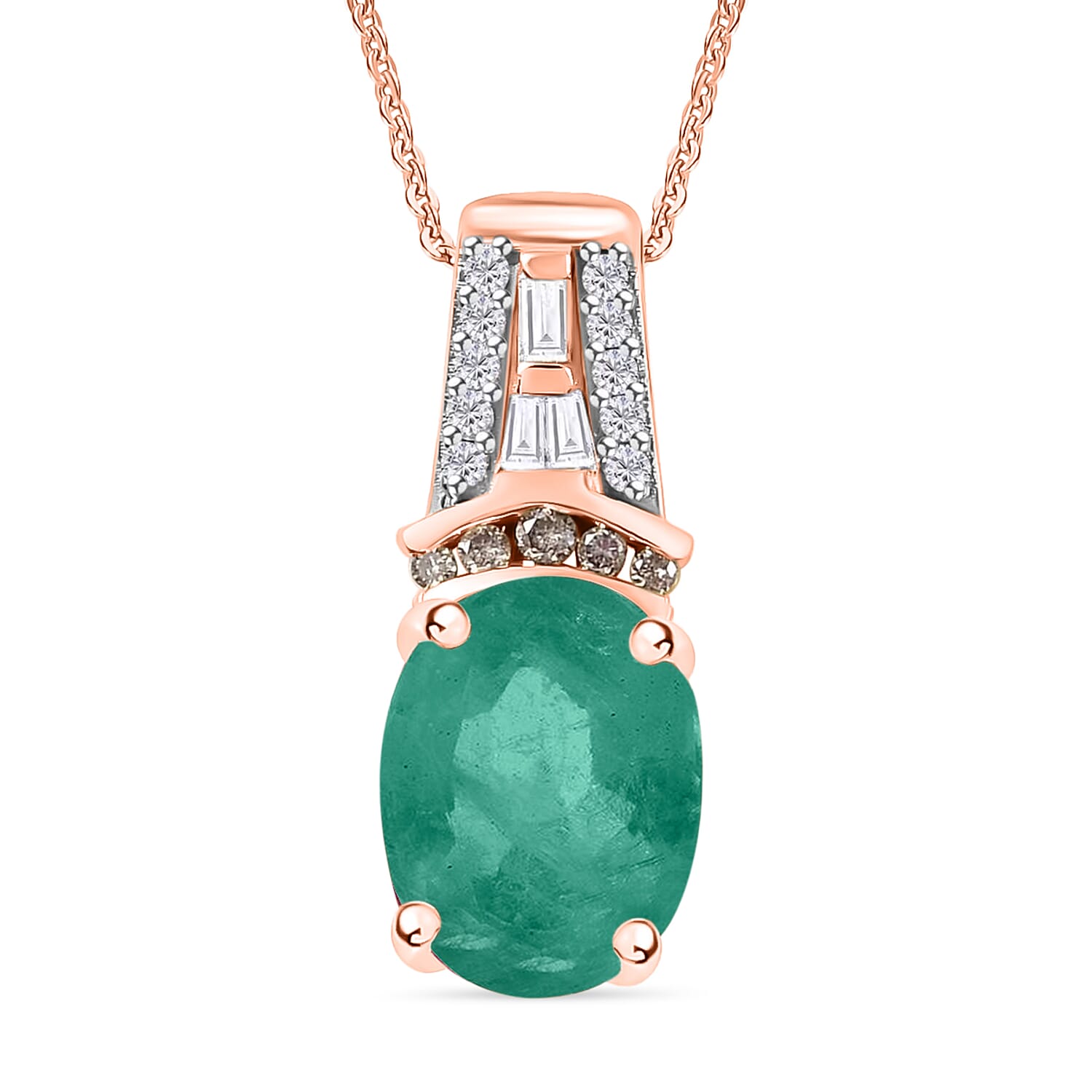 Kagem Zambian Emerald, Natural Champagne and White Diamond 2.10 ctw Pendant Necklace in 18K Vermeil Rose Gold Over Sterling Silv