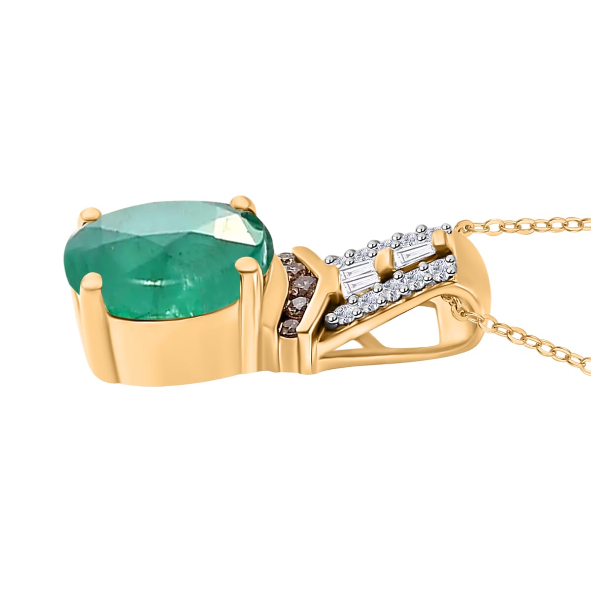 Kagem Zambian Emerald, Natural Champagne and White Diamond 2.10 ctw Pendant Necklace in 18K Vermeil Yellow Gold Over Sterling Silver 20 Inches image number 2