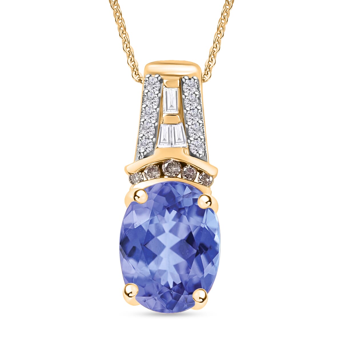 Tanzanite, Natural Champagne and White Diamond 2.10 ctw Pendant Necklace in 18K Vermeil Yellow Gold Over Sterling Silver 20 Inches image number 0