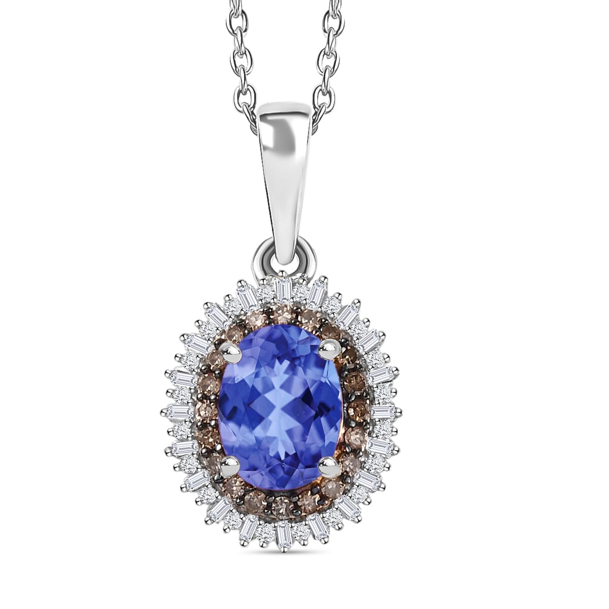 Premium Tanzanite, Natural Champagne and White Diamond Pendant Necklace in Rhodium Over Sterling Silver 20 Inches 1.75 ctw image number 0