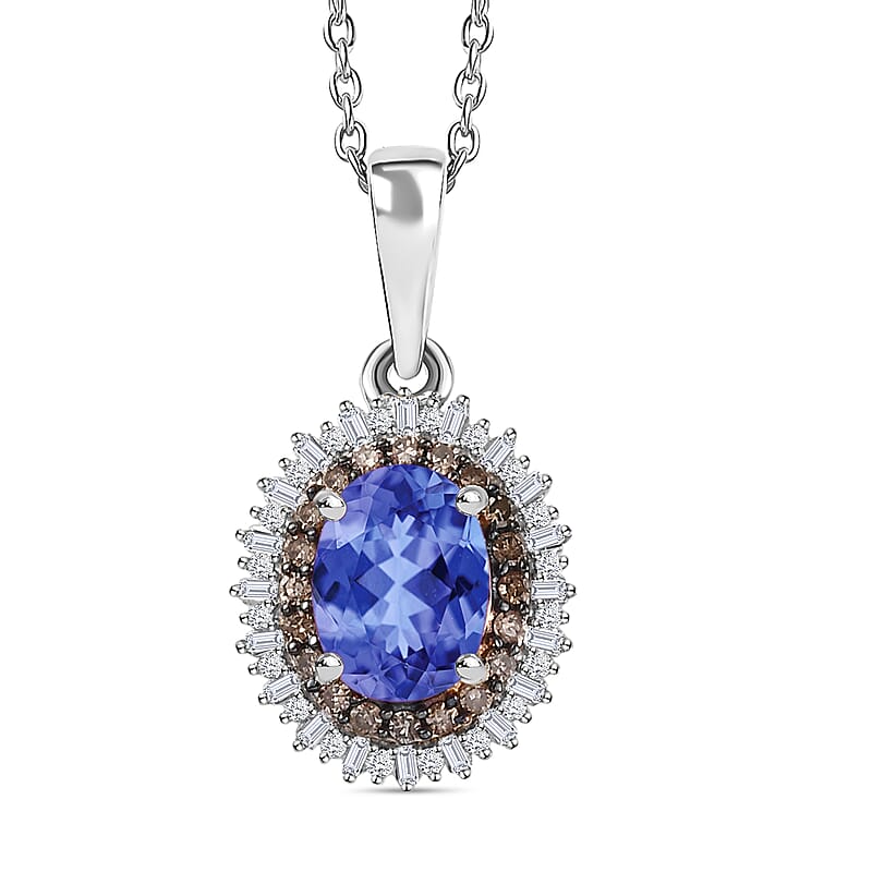 Premium Tanzanite, Natural Champagne and White Diamond Pendant Necklace in Rhodium Over Sterling Silver 20 Inches 1.75 ctw