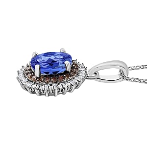 Premium Tanzanite, Natural Champagne and White Diamond Pendant Necklace in Rhodium Over Sterling Silver 20 Inches 1.75 ctw (Del. in 10-12 Days)
