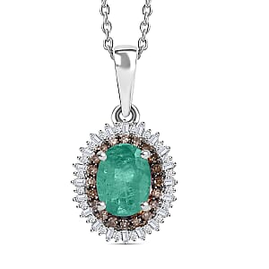 Premium Kagem Zambian Emerald, Natural Champagne and White Diamond 1.75 ctw Pendant Necklace in Rhodium Over Sterling Silver 20 Inches