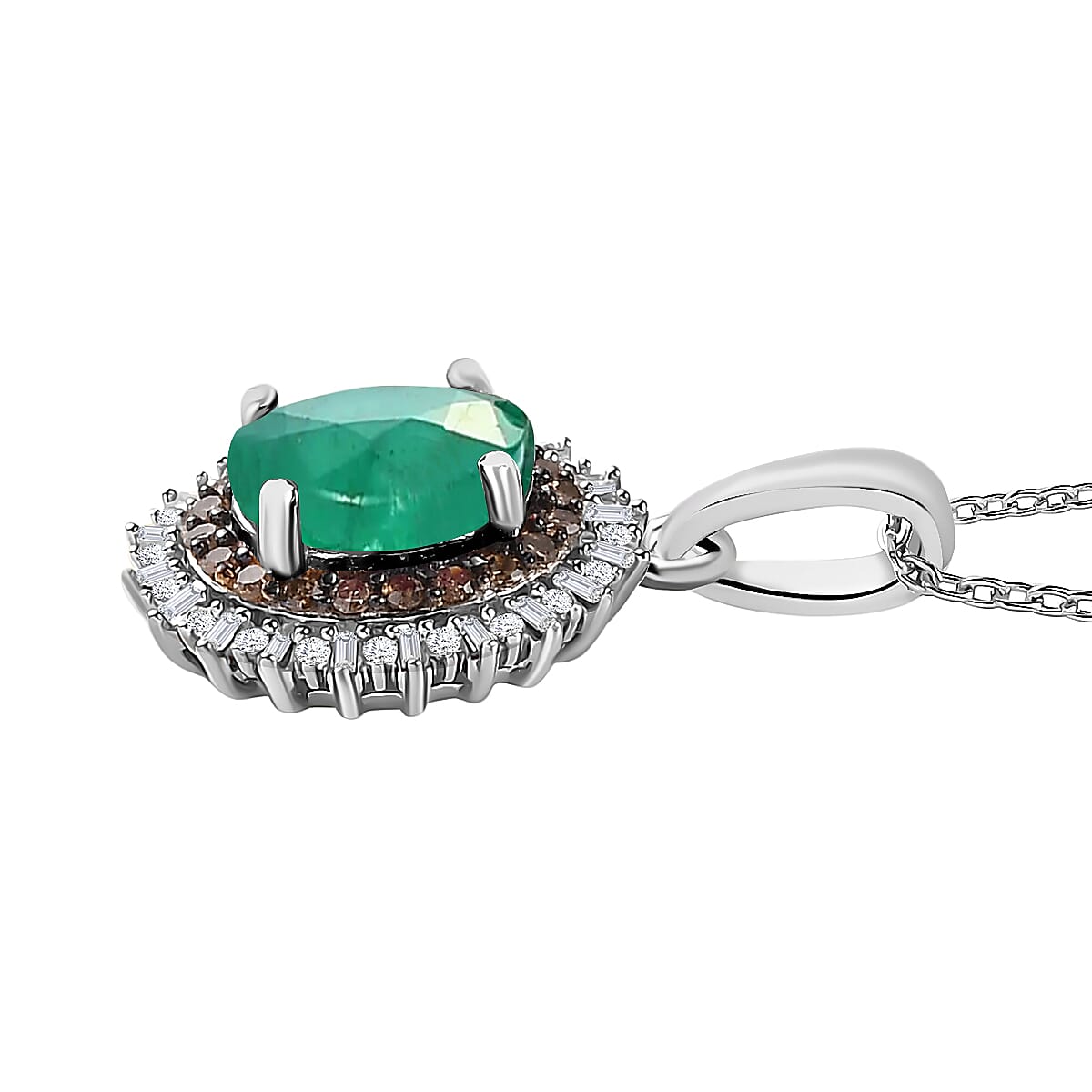 Premium Kagem Zambian Emerald, Natural Champagne and White Diamond 1.75 ctw Pendant Necklace in Rhodium Over Sterling Silver 20 Inches image number 2