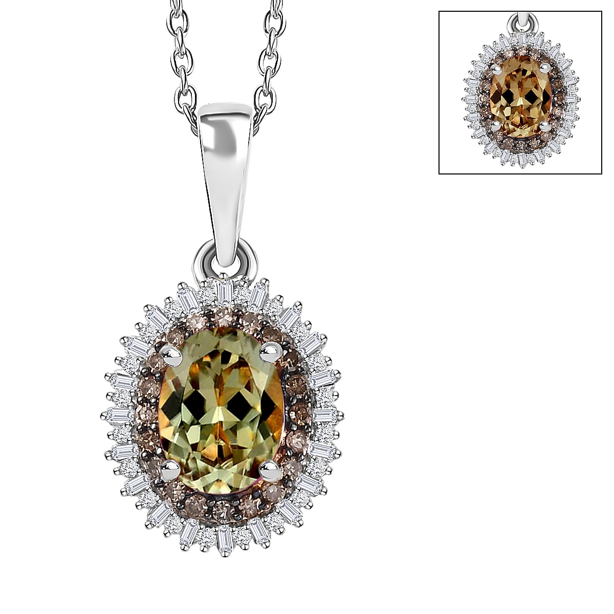 AAA Turkizite, Natural Champagne and White Diamond 1.75 ctw Pendant Necklace in Rhodium Over Sterling Silver 20 Inches image number 0