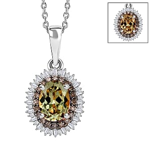 AAA Turkizite, Natural Champagne and White Diamond 1.75 ctw Pendant Necklace in Rhodium Over Sterling Silver 20 Inches
