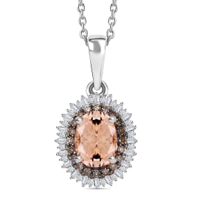 Premium Marropino Morganite, Natural Champagne and White Diamond 1.75 ctw Pendant Necklace in Rhodium Over Sterling Silver 20 Inches