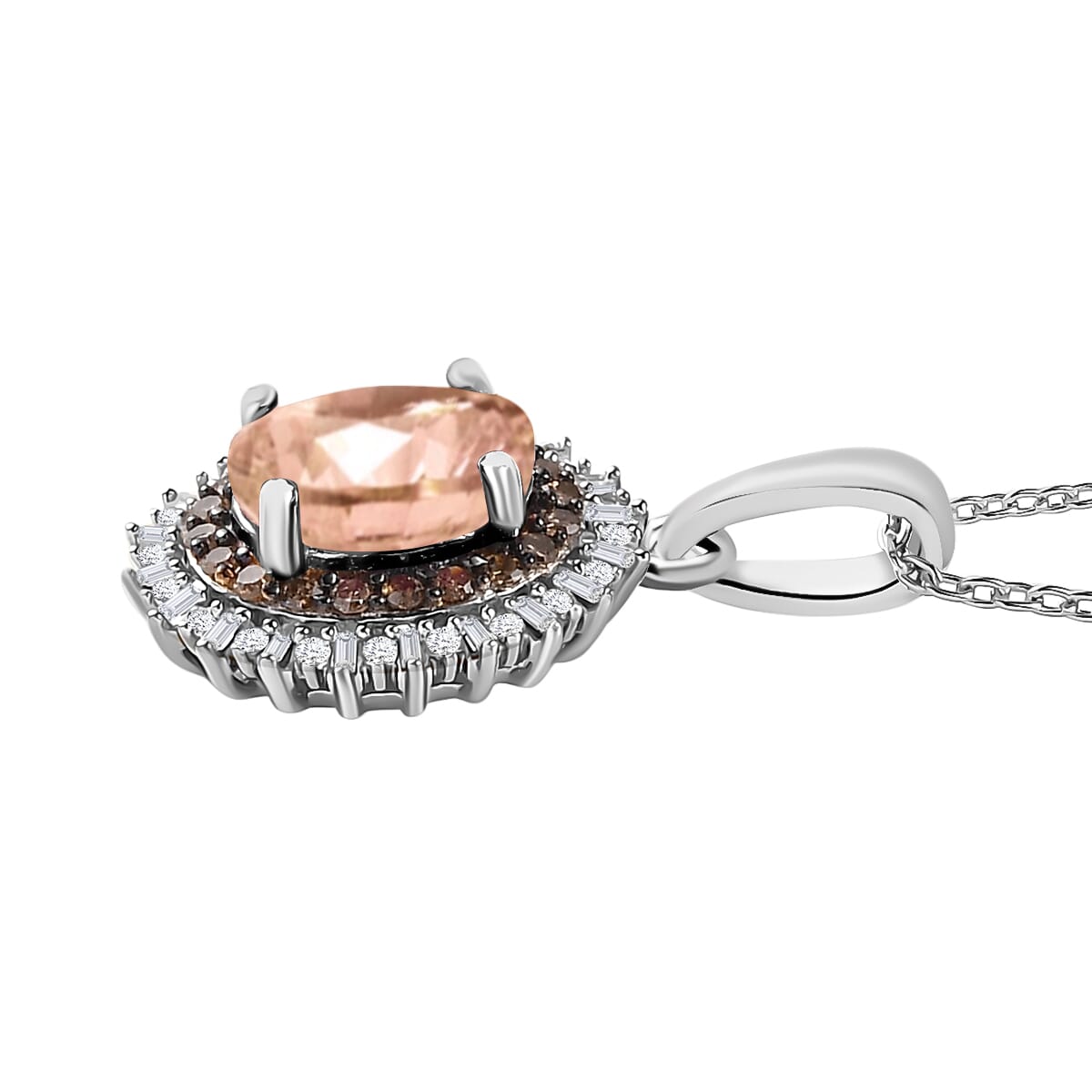 Premium Marropino Morganite, Natural Champagne and White Diamond 1.75 ctw Pendant Necklace in Rhodium Over Sterling Silver 20 Inches image number 2