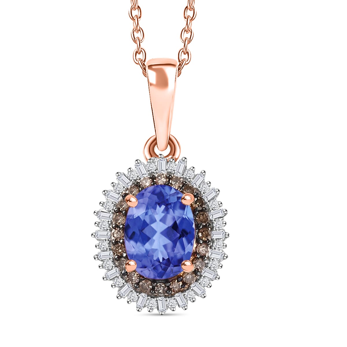 Premium Tanzanite, Natural Champagne and White Diamond Pendant Necklace in 18K Vermeil Rose Gold Over Sterling Silver 20 Inches 1.75 ctw image number 0