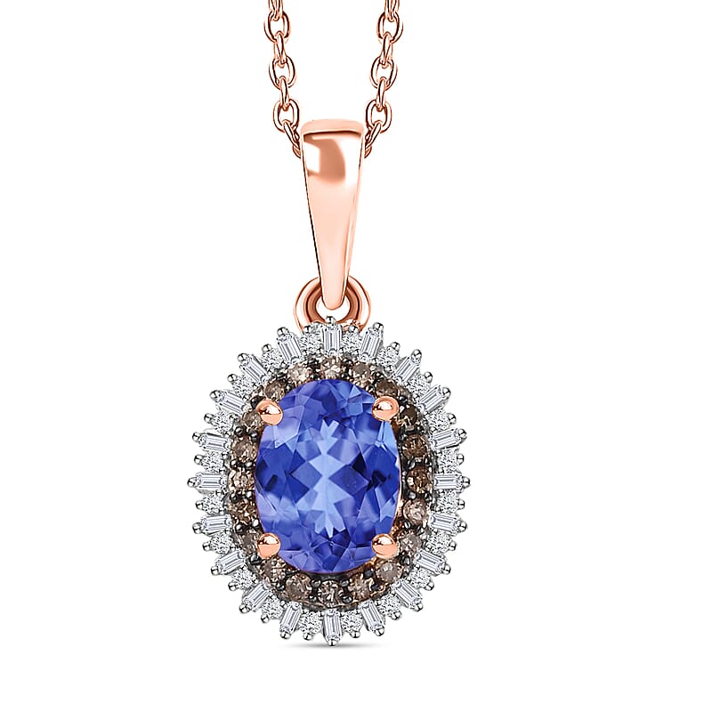 Premium Tanzanite, Natural Champagne and White Diamond Pendant Necklace in 18K Vermeil Rose Gold Over Sterling Silver 20 Inches 1.75 ctw