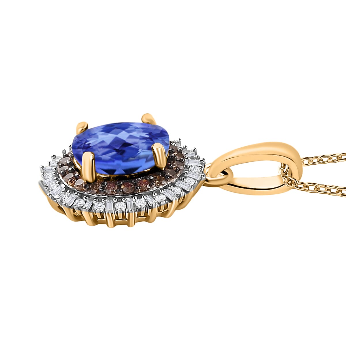 Premium Tanzanite, Natural Champagne and White Diamond Pendant Necklace in 18K Vermeil Yellow Gold Over Sterling Silver 20 Inches 1.75 ctw image number 2