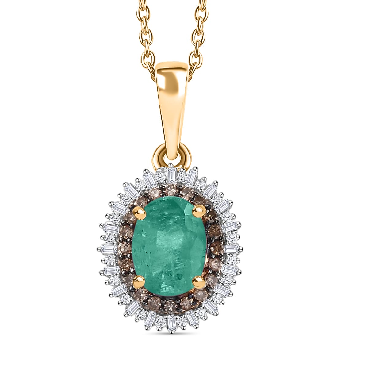 Premium Kagem Zambian Emerald, Natural Champagne and White Diamond 1.75 ctw Pendant Necklace in 18K Vermeil Yellow Gold Over Sterling Silver 20 Inches image number 0
