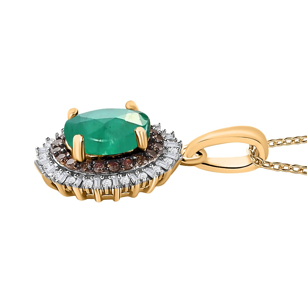 Premium Kagem Zambian Emerald, Natural Champagne and White Diamond 1.75 ctw Pendant Necklace in 18K Vermeil Yellow Gold Over Sterling Silver 20 Inches image number 2