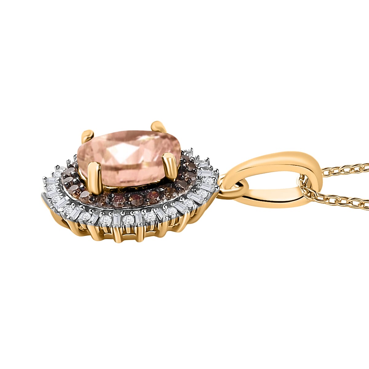 Premium Marropino Morganite, Natural Champagne and White Diamond 1.75 ctw Pendant Necklace in 18K Vermeil Yellow Gold Over Sterling Silver 20 Inches image number 2