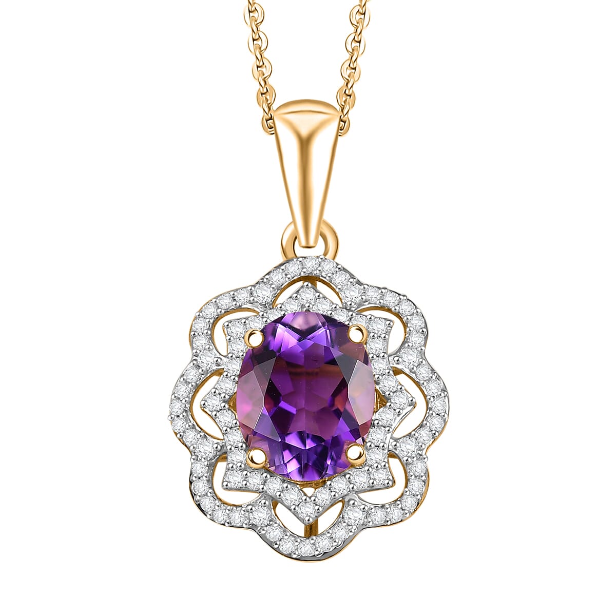 D'Joy Moroccan Amethyst and Moissanite 3.15 ctw Stellar Blossom Pendant Necklace in 18K Vermeil Yellow Gold Over Sterling Silver 20 Inches image number 0