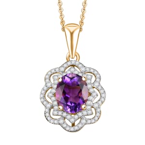 D'Joy Moroccan Amethyst and Moissanite 3.15 ctw Stellar Blossom Pendant Necklace in 18K Vermeil Yellow Gold Over Sterling Silver 20 Inches
