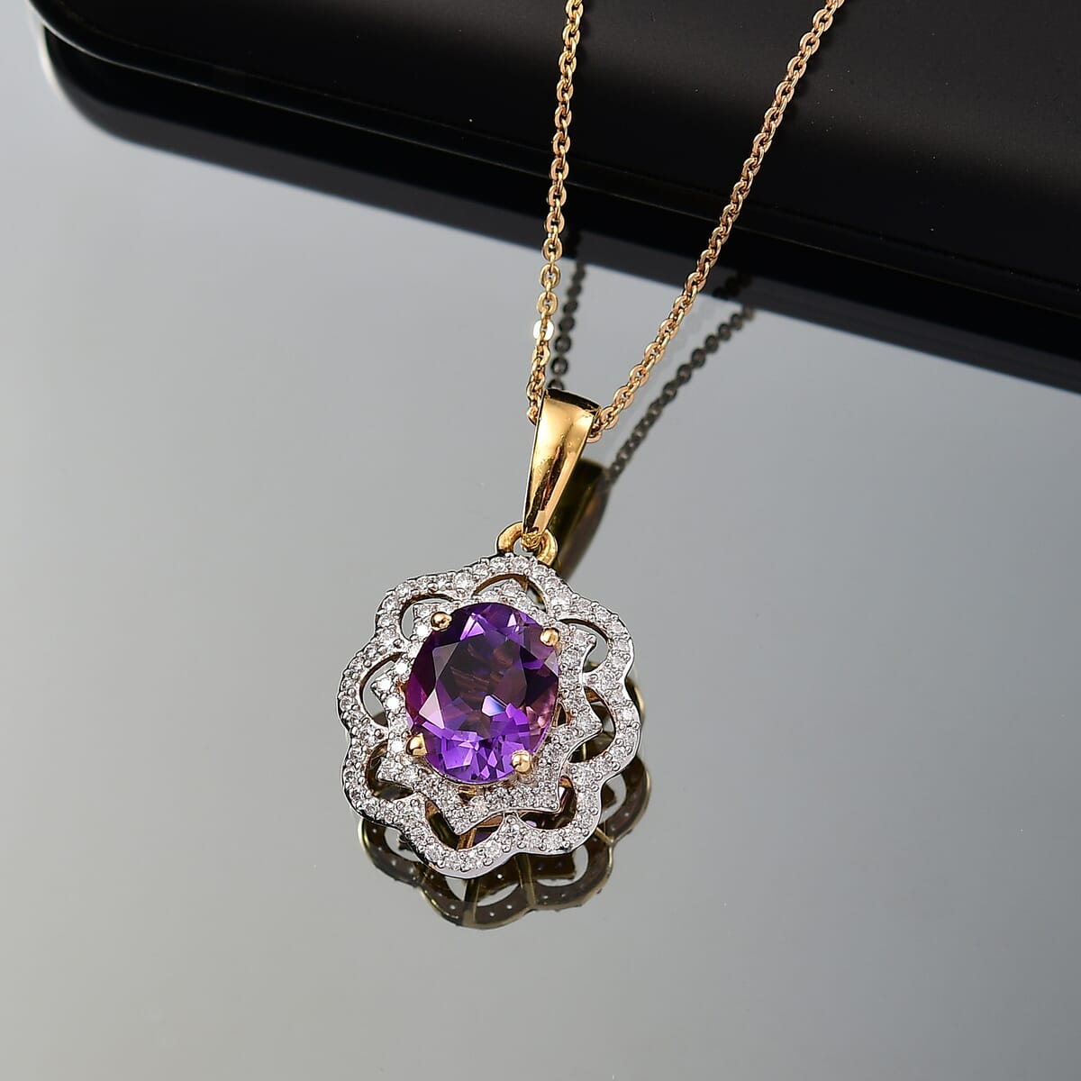 D'Joy Moroccan Amethyst and Moissanite 3.15 ctw Stellar Blossom Pendant Necklace in 18K Vermeil Yellow Gold Over Sterling Silver 20 Inches image number 1