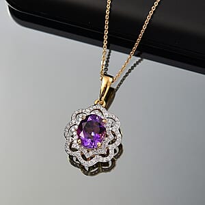 D'Joy Moroccan Amethyst and Moissanite 3.15 ctw Stellar Blossom Pendant Necklace in 18K Vermeil Yellow Gold Over Sterling Silver 20 Inches