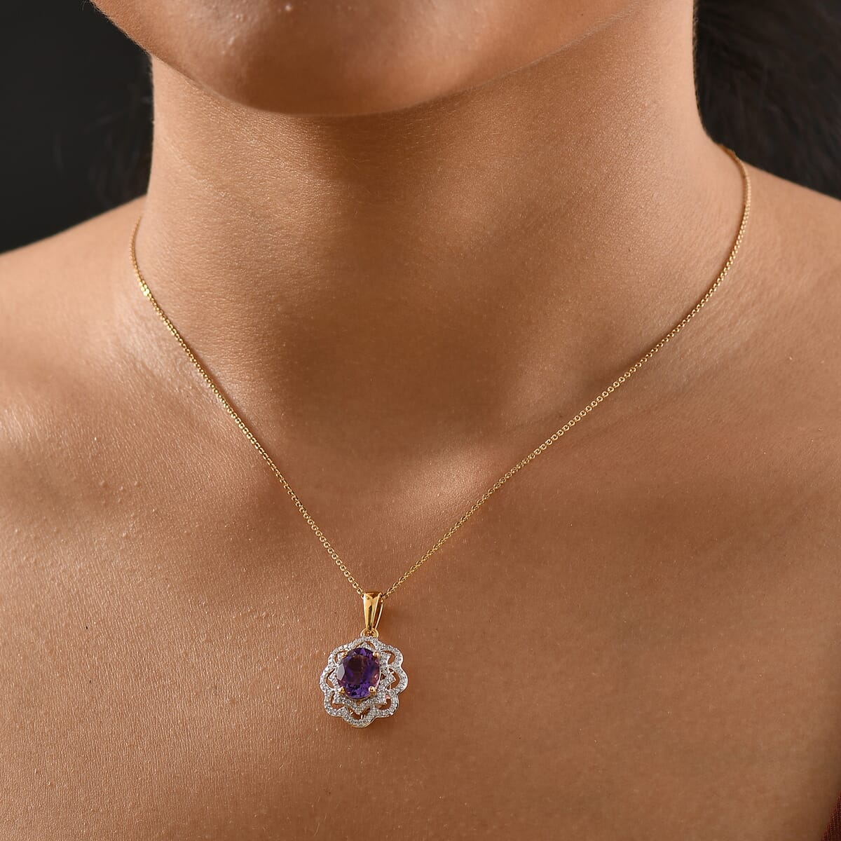 D'Joy Moroccan Amethyst and Moissanite 3.15 ctw Stellar Blossom Pendant Necklace in 18K Vermeil Yellow Gold Over Sterling Silver 20 Inches image number 2