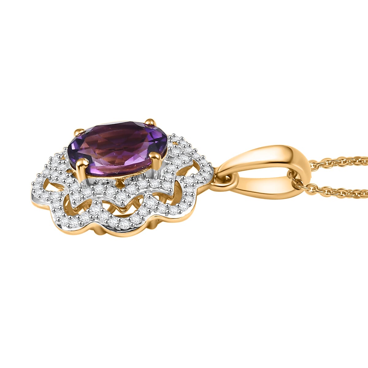 D'Joy Moroccan Amethyst and Moissanite 3.15 ctw Stellar Blossom Pendant Necklace in 18K Vermeil Yellow Gold Over Sterling Silver 20 Inches image number 3
