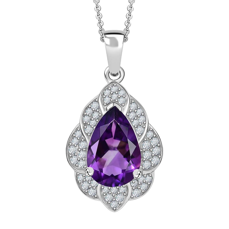D'Joy Premium Moroccan Amethyst and White Zircon 3.20 ctw Midnight Lotus Pendant Necklace in Rhodium Over Sterling Silver 20 Inches