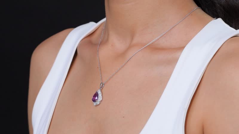 D'Joy Premium Moroccan Amethyst and White Zircon 3.20 ctw Midnight Lotus Pendant Necklace in Rhodium Over Sterling Silver 20 Inches