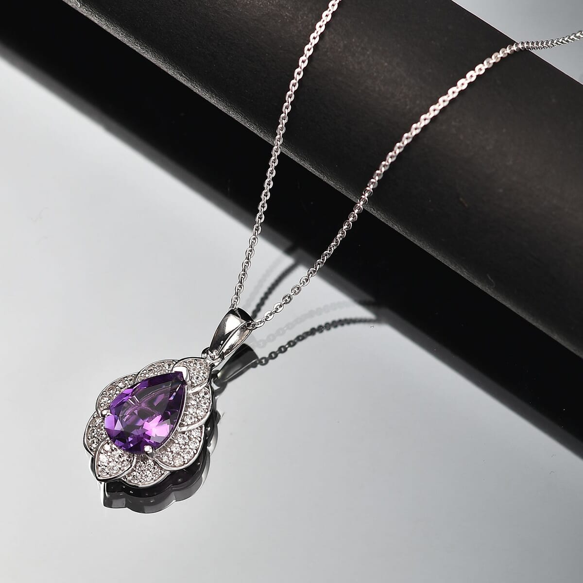 D'Joy Premium Moroccan Amethyst and White Zircon 3.20 ctw Midnight Lotus Pendant Necklace in Rhodium Over Sterling Silver 20 Inches image number 1