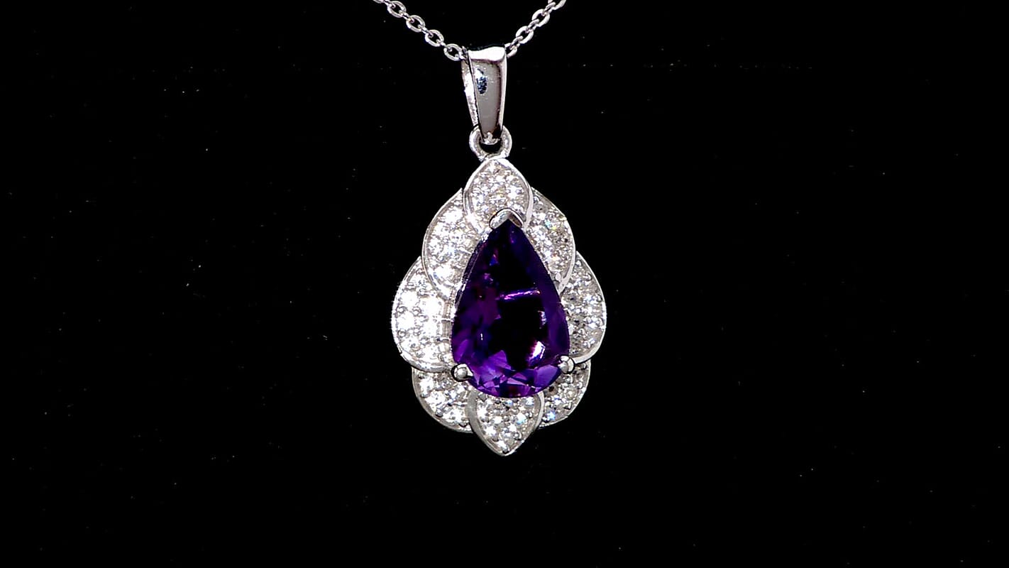 D'Joy Premium Moroccan Amethyst and White Zircon 3.20 ctw Midnight Lotus Pendant Necklace in Rhodium Over Sterling Silver 20 Inches
