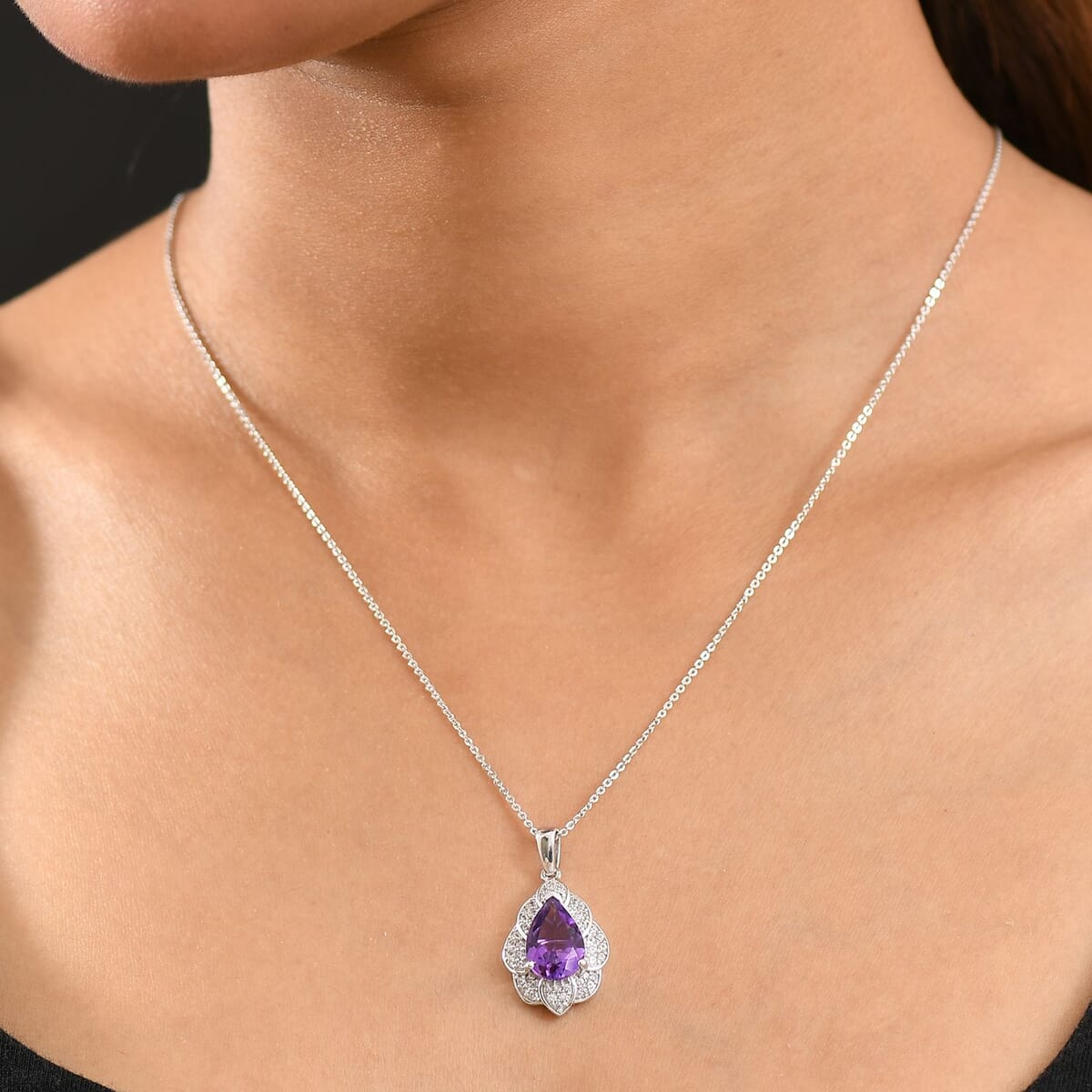 D'Joy Premium Moroccan Amethyst and White Zircon 3.20 ctw Midnight Lotus Pendant Necklace in Rhodium Over Sterling Silver 20 Inches image number 2
