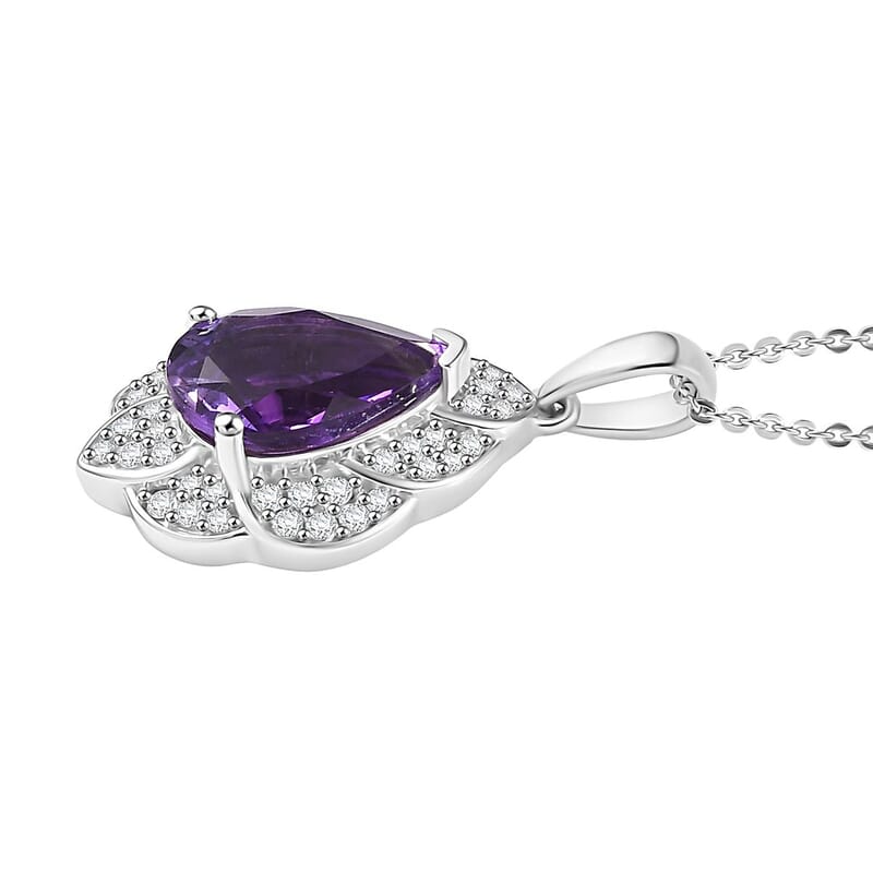D'Joy Premium Moroccan Amethyst and White Zircon 3.20 ctw Midnight Lotus Pendant Necklace in Rhodium Over Sterling Silver 20 Inches