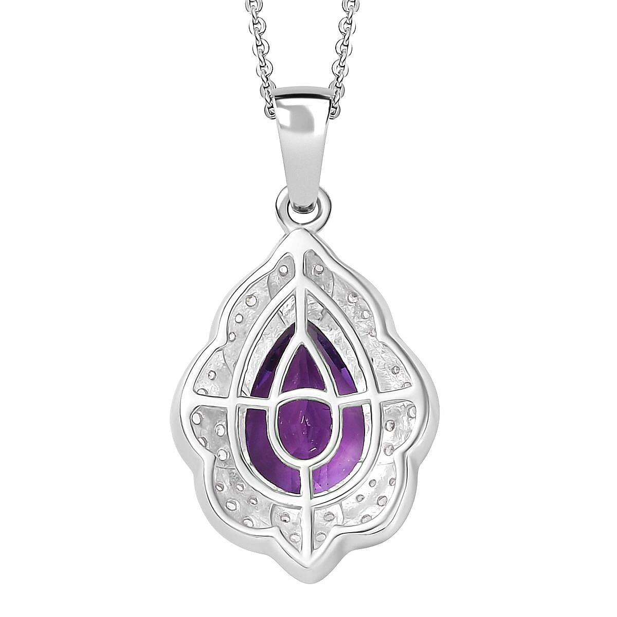 D'Joy Premium Moroccan Amethyst and White Zircon 3.20 ctw Midnight Lotus Pendant Necklace in Rhodium Over Sterling Silver 20 Inches