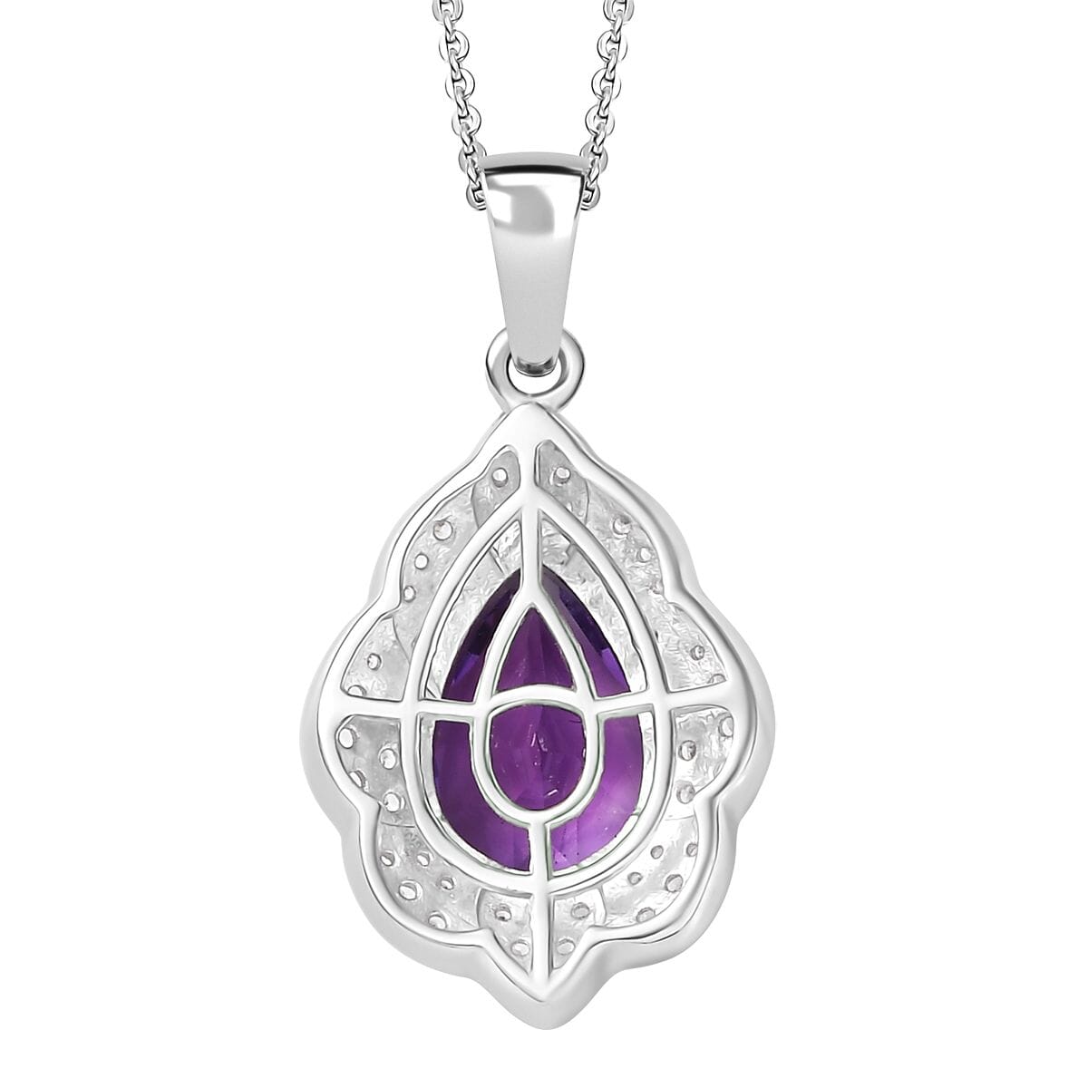 D'Joy Premium Moroccan Amethyst and White Zircon 3.20 ctw Midnight Lotus Pendant Necklace in Rhodium Over Sterling Silver 20 Inches image number 4