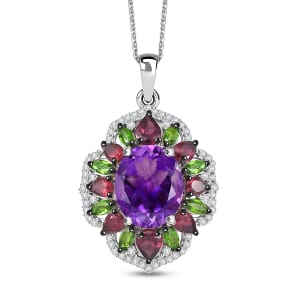 D'Joy Moroccan Amethyst and Multi Gemstone 7.60 ctw Nature's Empress Pendant Necklace in Rhodium Over Sterling Silver 20 Inches