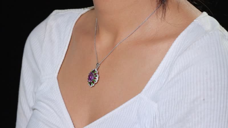 D'Joy Moroccan Amethyst and Multi Gemstone 7.60 ctw Nature's Empress Pendant Necklace in Rhodium Over Sterling Silver 20 Inches