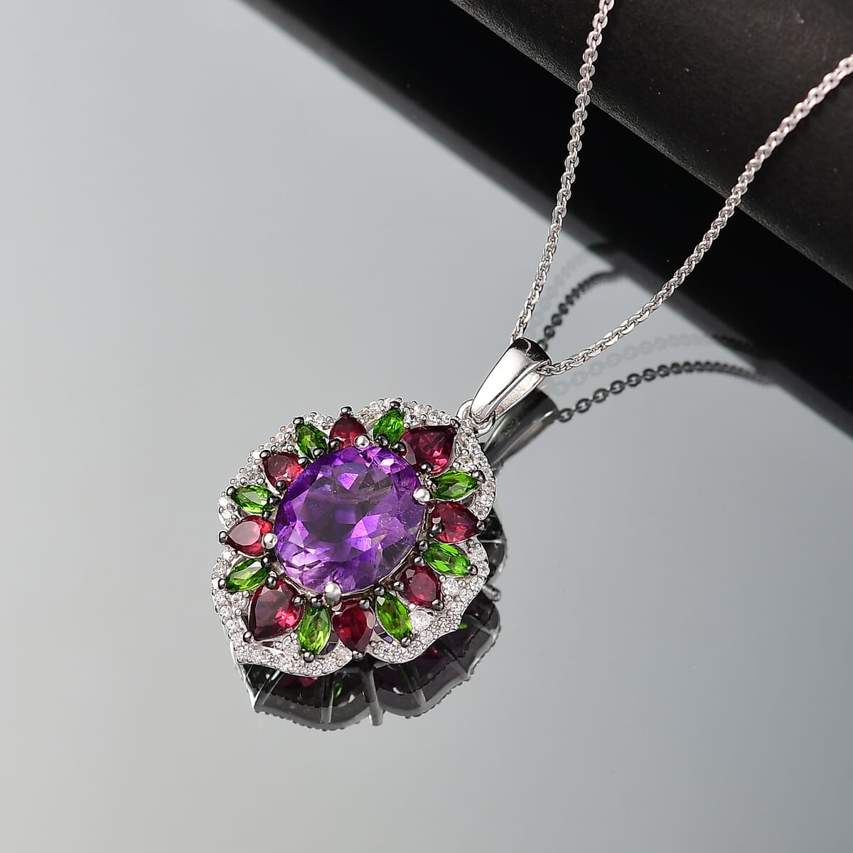 D'Joy Moroccan Amethyst and Multi Gemstone 7.60 ctw Nature's Empress Pendant Necklace in Rhodium Over Sterling Silver 20 Inches image number 1