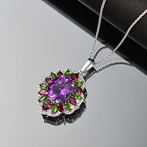 D'Joy Moroccan Amethyst and Multi Gemstone 7.60 ctw Nature's Empress Pendant Necklace in Rhodium Over Sterling Silver 20 Inches